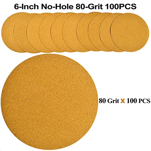 Image of 6-Inch No-Hole Hook and Loop Sanding Discs 80-Grit, Random Orbital Sandpaper for Automotive and Woodworking, 100-Pack