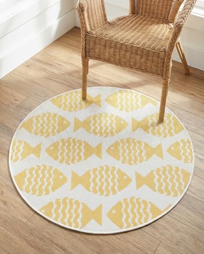 Rugs.com - Outdoor Coastal Rug – 3 Ft Round Yellow Easy-Clean Rug – Nautical Decor for Patios, Decks, and Porches