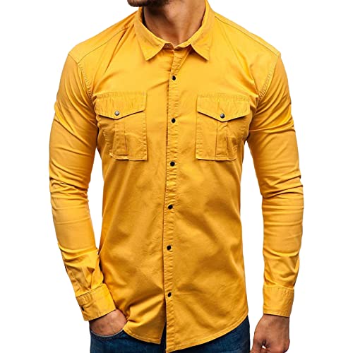 Men Long Sleeve Hiking Shirts Lightweight Tactical Button Down Cargo Shirt Solid Color Slim Fit Shirt with Pockets (Yellow,X-Large)
