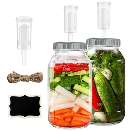BUERPINKING Bocal De Fermentation, 2 Pots Pot Cornichon de 2 L Bocaux Fermentation, Bocal en Verre avec pour choucroute, Kimchi, Confiture et cornichons