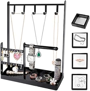 Black Jewellery Stand Holder with 4 Pcs Jewelry Organiser,4-Tier Jewelry Holder Ring Necklaces Stand Display with Earring Tray and Holes 5 Hooks 19 Earring Holes Hanging Storage Bracelets Watches