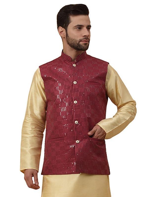 kraft india Men's Cotton Silk Sequenced Sleeveless Embroided Nehru Jacket-picture-37