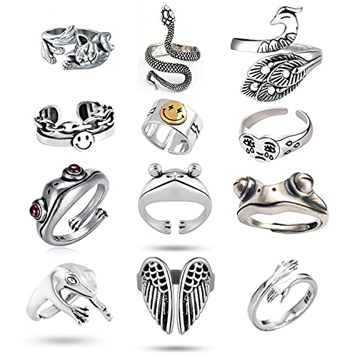 12 Pcs Vintage Frog Open Rings Set Knuckle Stacking Ring Smiley Face Ring Snake Ring Boho Finger Rings for Men Women (12 Pcs)