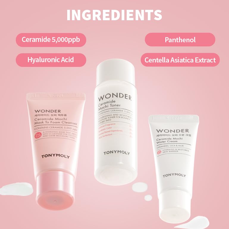 Image of TONYMOLY Wonder Ceramide Mochi Everyday Skin Routine Kit - 3-Piece Mini Korean Skincare Gift Set with Mask-to-Foam Cleanser, Milky Toner & Water Cream - Travel Size Barrier Repair Routine for Dry, Sensitive Skin