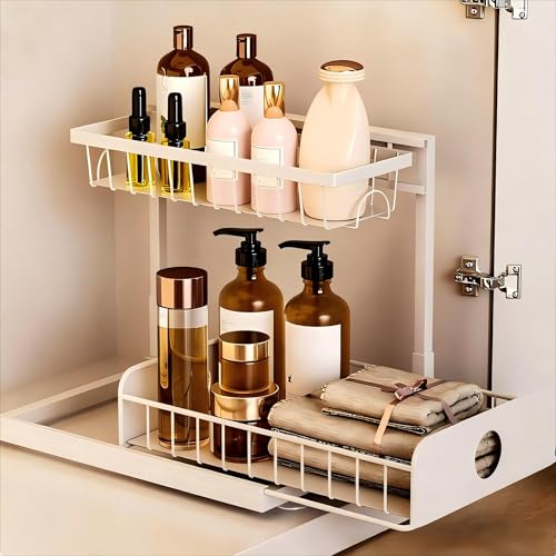 2 Tier Metal Under Sink Storage, L-Shaped Pull Out Kitchen Cabinet Organiser Dish Drying Rack with Sliding Storage Drawer, Upgrade Suction Cups Stay, Space Saving Rack for Spices & Utensils- White