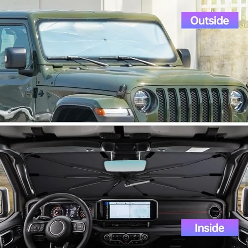 Image of [2025 Upgraded] Windshield Sun Shade Umbrella - Foldable Car Sunshade for Jeep Wrangler /Gladiator, for Toyota 4Runner /Land Cruiser, Front Window Sun Shade UV Block & Heat Shield(Small-55 inchx23 inch)