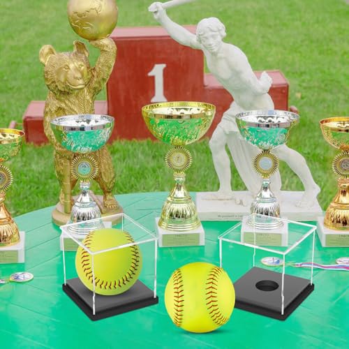 Image of Hooqict 2 Pack Arcylic Softball Display Case Clear Softball Holder UV Protected Stand Championship Display Case Memorabilia Square Box for Golf Tennis Game Ball Baseball