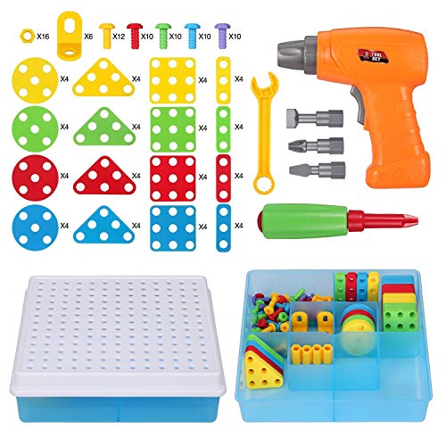Creative Mosaic Drill Set, Drilling Toy with Screwdriver Tool, Trendy Bits Drill for Kids STEM Engineering Toys Puzzle, Toddler Drill Set Mosaic Design Building Blocks for 3 4 5 6 7 8 Year Olds