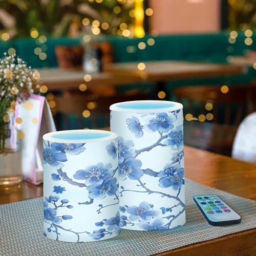 Image of Blue Peach Blossom Flameless Candles - Set of 2, Battery Operated Pillar Candles for Home Decoration, Christmas, Party