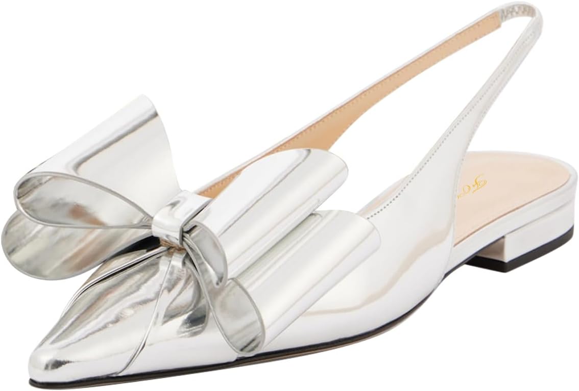 FOWT Women Bow Pointed Toe Pumps Slip on Flat Slingbacks Rhinestone Studs Evening Prom Dating Party Shoes Size 4-16 US