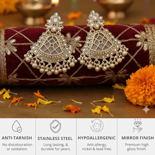 Image of Premium Oxidized Gold Chunky Jhumki Earrings for Women - Heavy Statement Jhumka with Long Chain & Ghungroo Drops | Anti-Tarnish Hypoallergenic Mirror Finish | Bridal, Navratri, Garba, Diwali