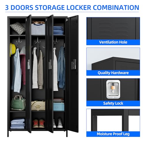 Image of Aobabo Metal Storage Locker for Office Gym Bedroom Dormitory, 3 Doors Steel Storage Locker for Employees, Industrial Storage with 6 Hooks, Black, Assembly Required