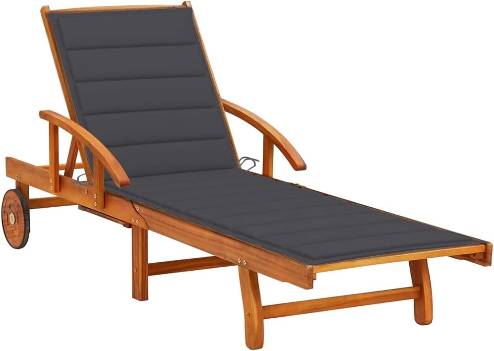 Outdoor Lounge Chair with Adjustable Backrest Solid Acacia Wood Sun Lounger with Pull-Out Table & Removable Cushion for Patio Poolside Backyard Tanning
