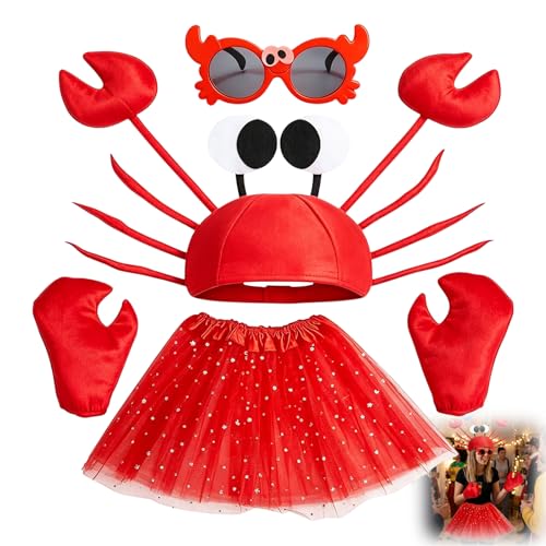 4 Pcs Crab Costume Accessories Sets Lobster Costume Under The Sea Costumes Beach Theme Fancy Dress with Red Glasses Crab Headpiece Red Gloves For Boys Girls Halloween Christmas Cosplay Party