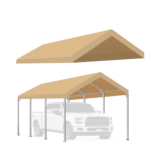 Rutile 10'x20' Carport Canopy ONLY Tent Garage Replacement Top Tarp Car Shelter Cover w/Ball Bungees Beige (Only Top Cover, Frame is not Included)