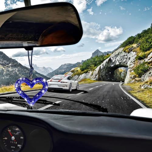 Mandark Bling Heart Car Hanging Accessories, Crystal Rhinestone Vehicle Rear View Mirror Charm Pendant Ornaments, Cute Diamond Auto Interior Hanger Decoration for Women Girls(Dark Blue)