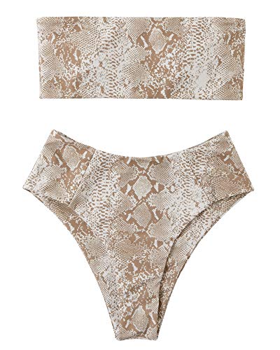 OMKAGI Women Bandeau Bikini High Waisted Sexy Leopard Print Strapless Swimsuits(Large,Snakeskin Brown-61)