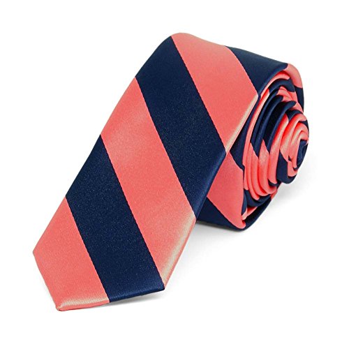 tiemart Striped Skinny Tie, 2" Width (Bright Coral and Navy Blue)
