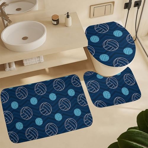 Juego de tres tapetes para piso de coral terciopelo con estampado de voleibol azul miniatura 5