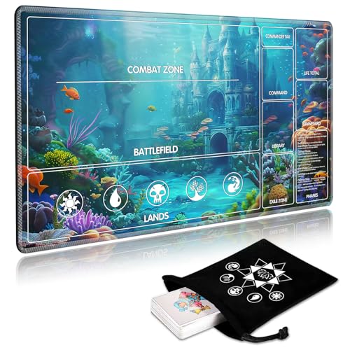 Image of for MTG Playmat with Card Storage Bag,Non-Slip Rubber Base & Smooth Surface 24x14in,Beginner-Friendly Magic Mat for Commander Deck,Seabed Castle
