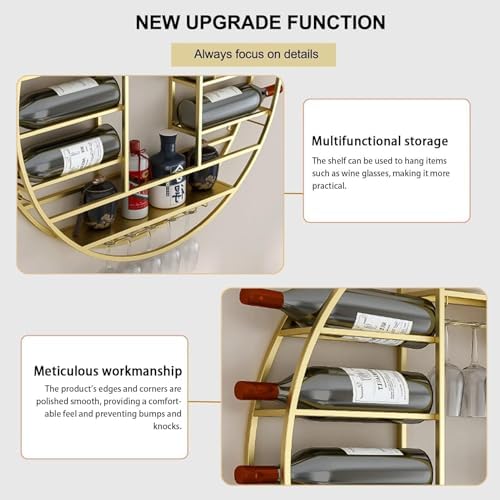Wall Mounted Wine Rack, Round Bar Shelves Wall Mounted Kitchen Storage with Wine Glass Holder Liquor Shelf Modern Metal Display Rack for Kitchen Home Bar(Black,27.5in)