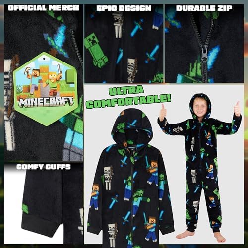 MINECRAFT, Fleece pyjama voor kinderen, eendelig kruippakje, kinderpakje van zacht fleece, cadeau voor kinderen van 5-14 jaar, Zwart, 7-8 Jaar