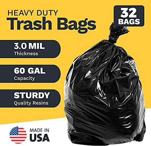 Toughbag 55 Gallon Trash Bags, 3 Mil Contractor Bags, Large 55-60 Gallon Trash Can Liners, Black Garbage Bags, 38 X 58" (32 Count) - Outdoor, Construction, Lawn, Industrial, Leaf - Made In Usa #TOP2