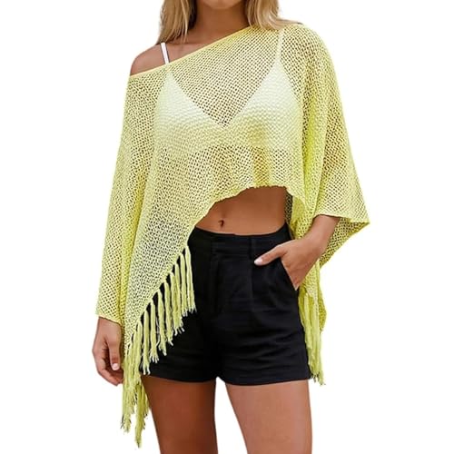 Genérico Poncho Brillante Y Semitransparente Para Mujer Top De Malla Tejida Crochet Chal Asimétrico Capa De Playa Y Cubrebikini(Yellow,M)