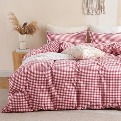 Image of TOCOMOA Red Gingham Duvet Cover Bedding Set 100% Washed Cotton Like Linen Feel Super Soft Comfortable 3 Piece Cute Plaid Checkered Comforter Cover Set (King 104 inchx90 inch, Comforter Not Included)