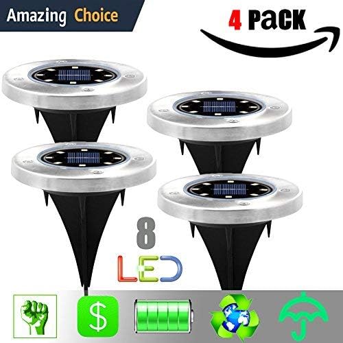 LDSS Outdoor Garden Pathway Landscape Driveway Lawn Walkway Disk Lights Underground Lighting Bright Waterproof Flood Light Solar Powered in-Ground 8 LED Lights (White), 4 Pack