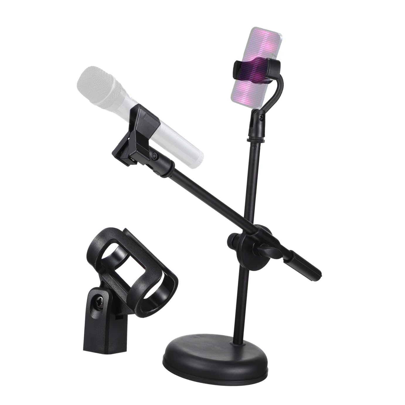 Supporto per Microfono da Tavolo Telescopico e Regolabile Clip e Supporto per Telefono, Base Stabile per Podcasting, Registrazione e Uso Casalingo