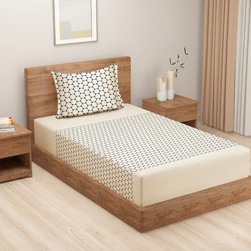 Image of Swayam Pure Cotton Single Bedsheet with 1 Pillow Covers | Size 60 x 90 inch | 160 TC | Geometric Design | Soft Breathable Bed Sheet | Comfortable & Durable for Bedroom - Beige