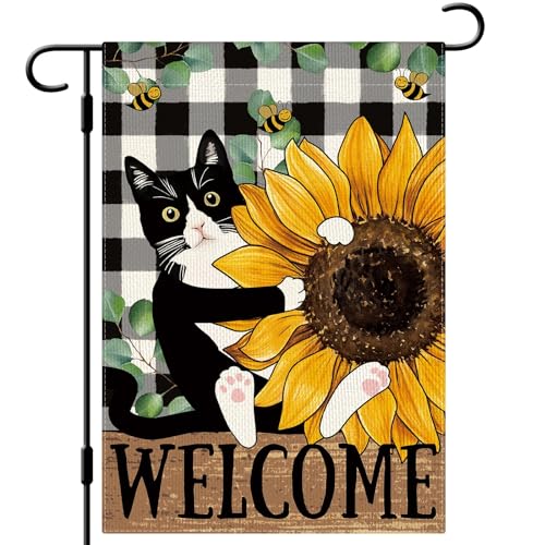 DLZDN Sunflower Cat Garden Flag Summer Tuxedo Cat Garden Flags 12×18 Inch Double Sided Buffalo Plaid Farmhouse Welcome Yard Flag Spring Summer Seasonal Outdoor Decor