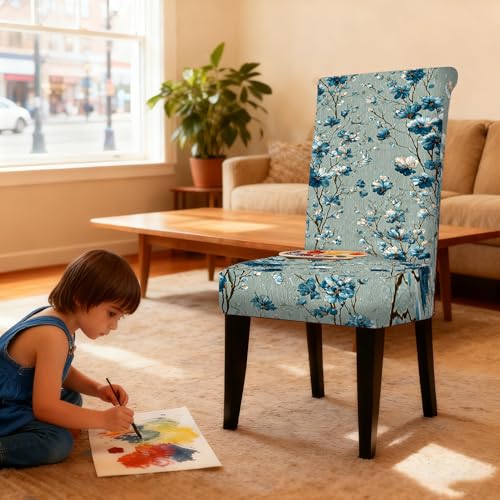 Image of Nuxovilar Blue Flower Light Gray Stretch 23.6x70in 6PCS Chair Covers | Stretch Slipcover Elegant Protector Floral Wrap Seat Guard Dining Room Modern Living Peaceful Space (Blue Floral)