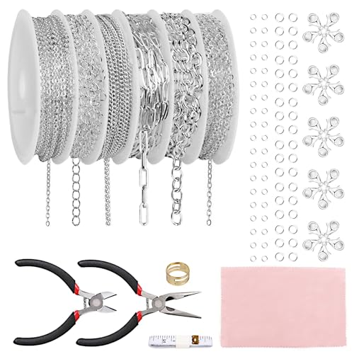 Fesorsi Silver Necklace Chain for Jewelry Making, 46ft 6 Style Rolled Steel DIY Jewelry Chain Roll Bracelet Bulk Link Plated Permanent for Earring Anklet Craft with Jump Ring, Lobster Clasp, Pliers