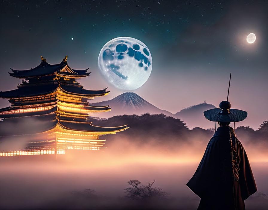 Tableau Japon nuit paysage brumeux sur toile 58 x 90 cm sans cadre décoration murale GerRit