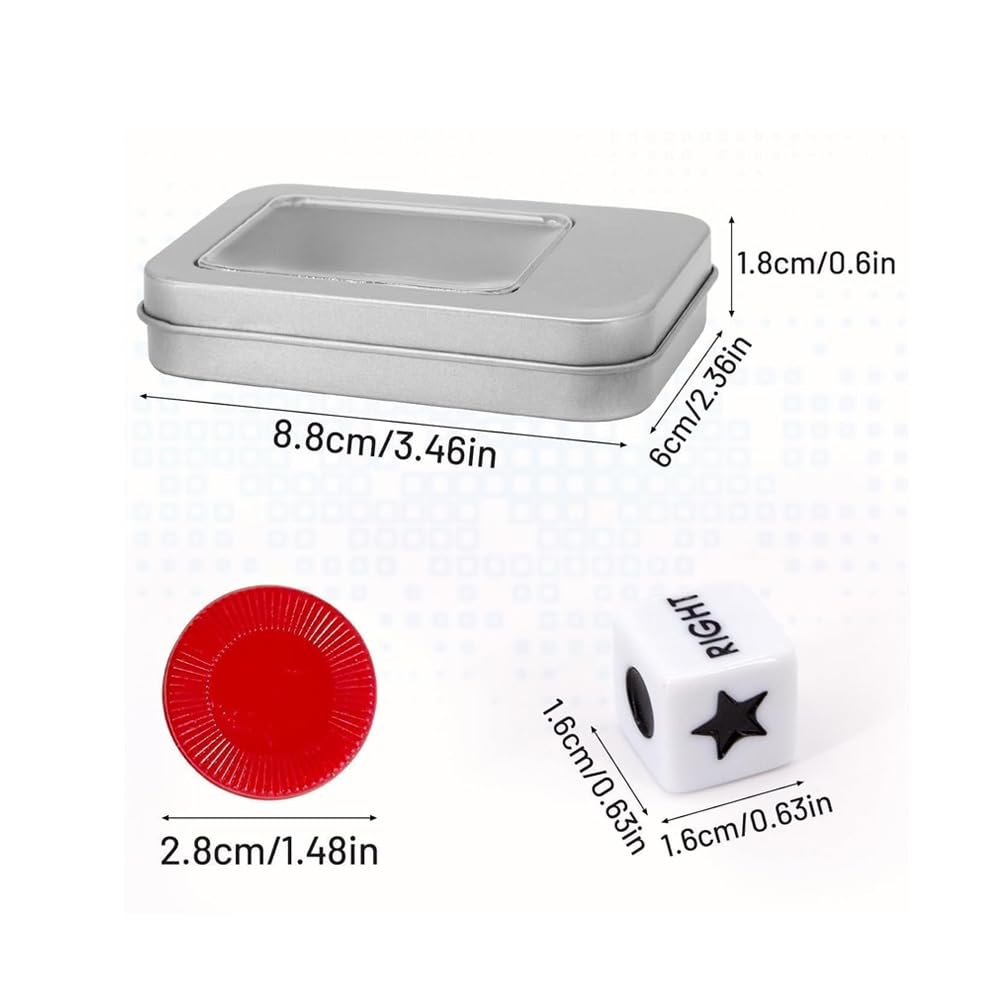 Sarini Gioco di dadi sinistra centro destra con 4 gettoni colorati, dadi a 3 stelle e istruzioni - Scatola di latta da 65 g, perfetta per feste, riunioni di famiglia e riunioni con gli amici