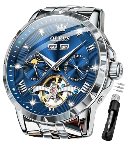 Image of OLEVS Automatic Watches for Men Self Winding Mechanical Skeleton Luxury Dress Stainless Steel Diamond Men Wrist Watches