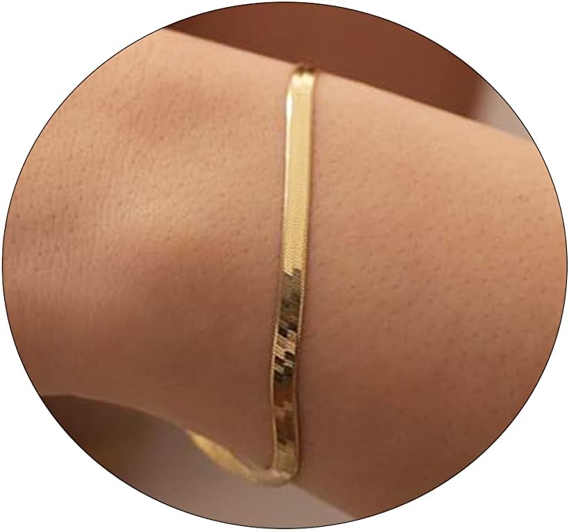Dainty Gold Herringbone Bracelet for Women 14K Gold Plated Lightweight Chain Bracelet Herringbone Snake Bracelet Charm Bracelet Minimalist Handmade Jewelry Gift