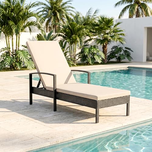 Image of BRISHI Outdoor Swimming Poolside Lounger Beach Sunbathing Lawn Patio Chaise Lounge Sun Lounger Chair Adjustable Backrest, Black-Beige (Single)