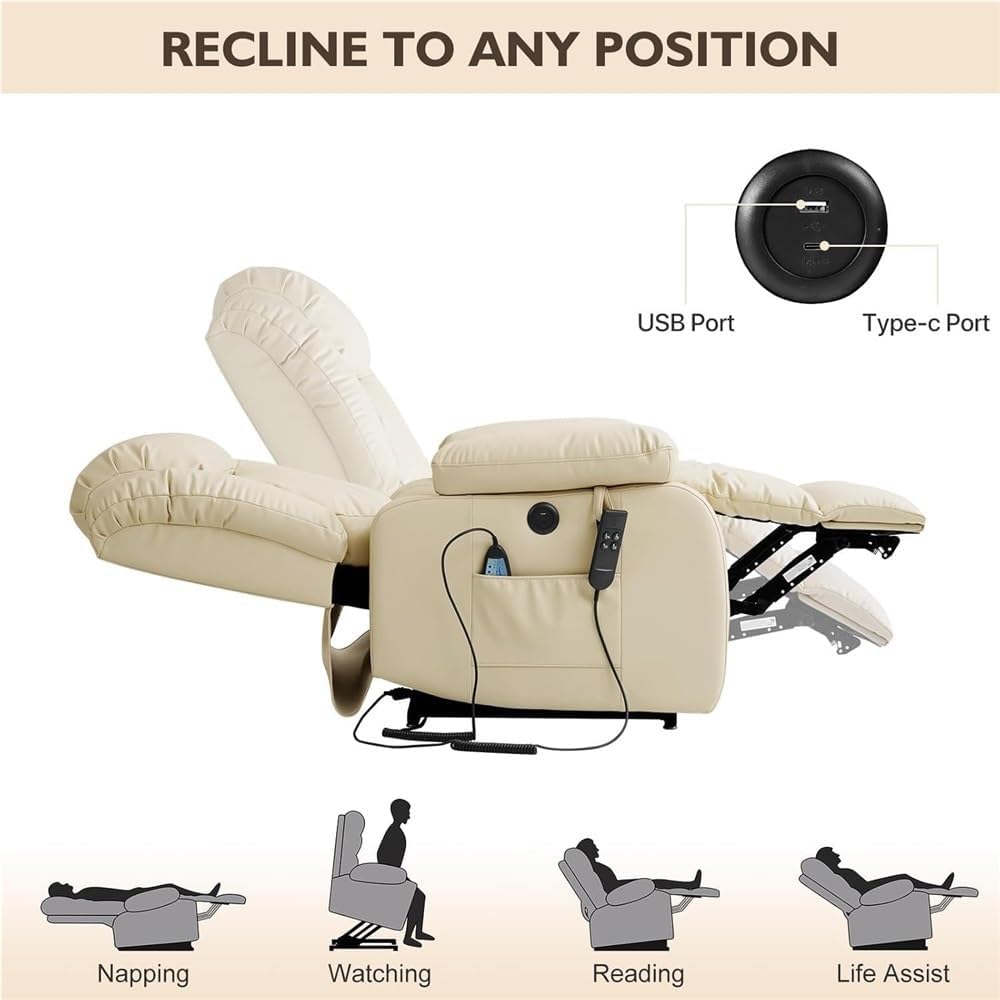 Power Lift Recliner Chair with Heat and Massage – Dual Motor Infinite Position, Large Electric Sofa with USB Ports, Breathable Leather for Living Room