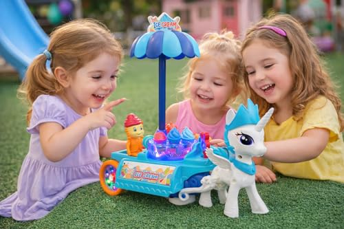 Image of TEC TAVAKKAL 18 Pcs Ice Cream Unicorn Cart Toy with Lights, Music & Bump-and-Go Action | Pretend Play Candy Shopping Cart | Musical Moving Toy | Educational Fun for Kids