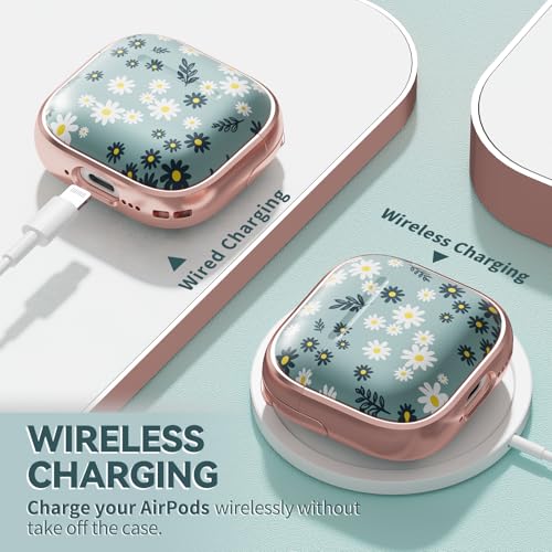Image of Inesore for AirPods 4 Case Cover 2024 with Lock-Green Daisy | Two-Piece Design,with Gold Keychain & Cleaning Pen,Support Wireless Charging,Cute Luxury Case for Women Girly
