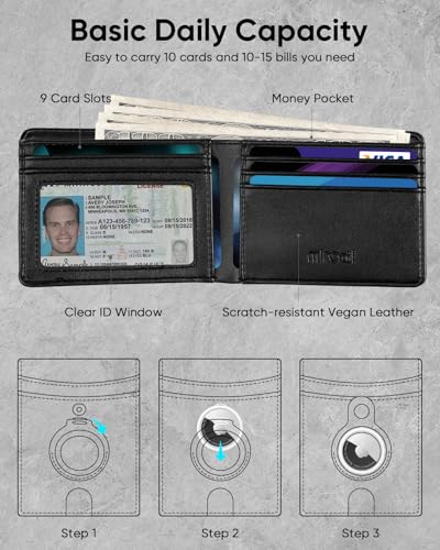 Miroddi Airtag Wallet for Men, Slim Leather Mens Wallet with Airtag Holder, 10 Cards High Capacity Men's Wallet with Cash Slot, ID Window, RFID Blocking Card Holder Wallet with Gift Box, Black4