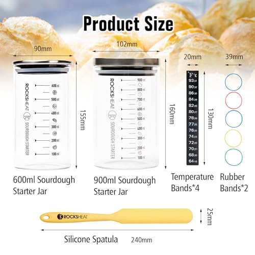 600-900ml Sourdough Starter Kit with Thermometer & Spatula, Wide Mouth Jar for Bread Baking