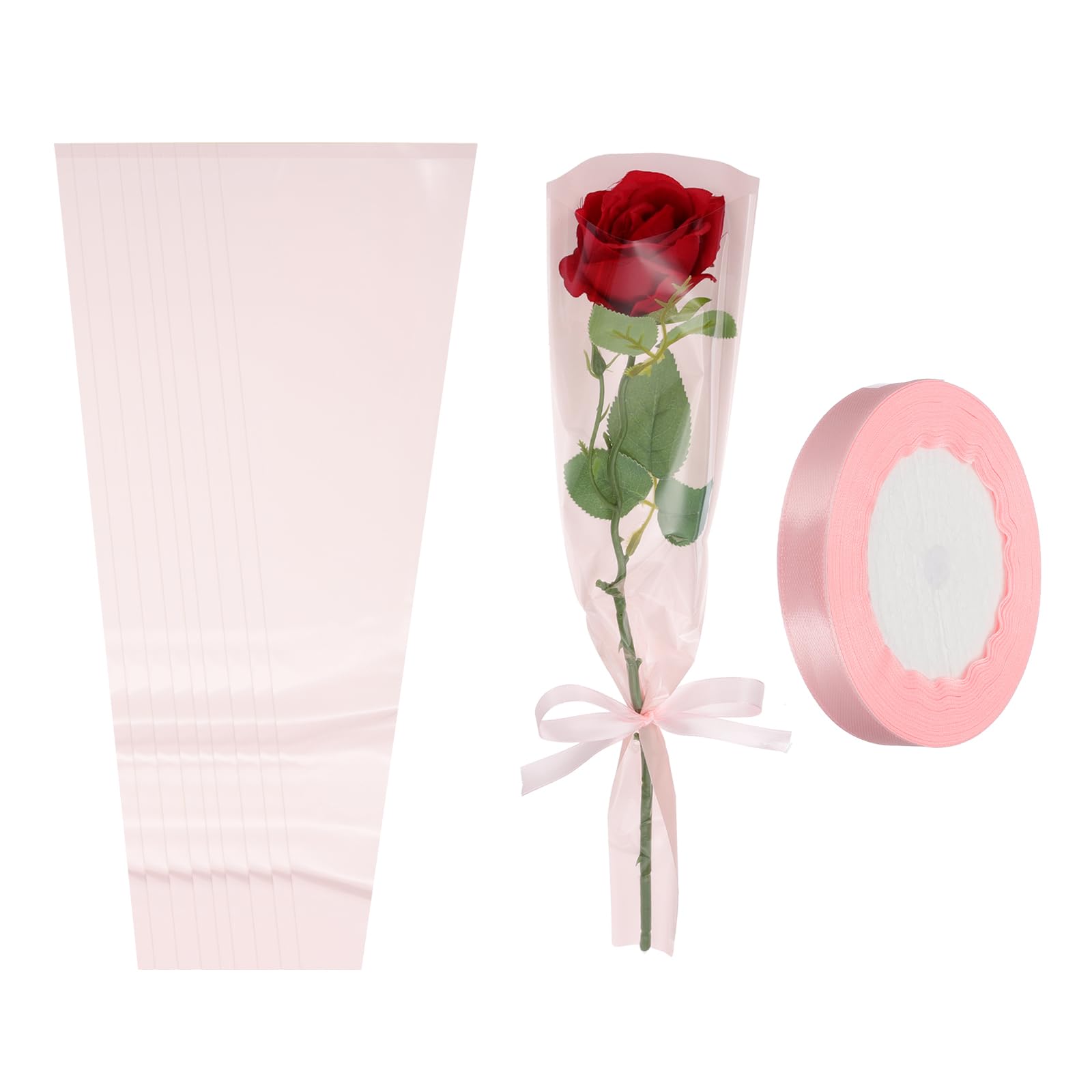 PATIKIL 50 Pack Flower Wrapping Bag, Light Pink Floral Packing Sleeves with Ribbons Cute for Bouquets Wedding Birthday Graduation Anniversary Arrangement Gift, 17.7"x4.7"x1.2"