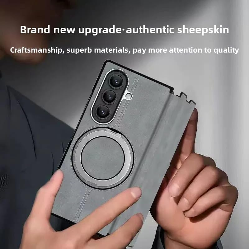 Image of TechTrendz Magsafe Compatible Built-in-Stand Flip Cover for Samsung Galaxy Z Fold 7, 360 Rotating Stand Luxury Nappa Style Leather Foldable Magnetic Flip Cover Galaxy Z Fold 7 5G (Gray)
