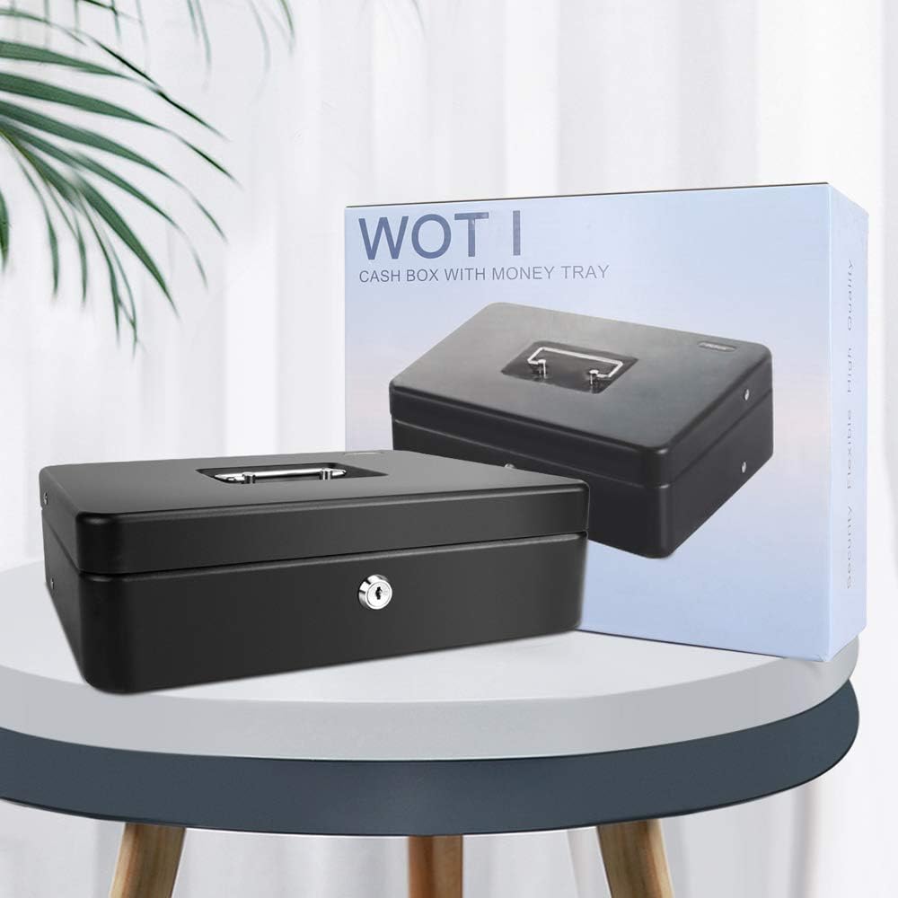 Cash Box Steel Money Box 11.8"L x 9.5"W Cash-Box-with-Money-Tray Black WOT I : Office Products