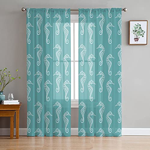 Edwiinsa Semi Voile Sheer Window Curtains, Ocean Seahorse Cyan Pattern Rod Pocket Curtains Panels Set of 2, 52 x 84 inch Long Window Treatment for Bedroom Living Room,