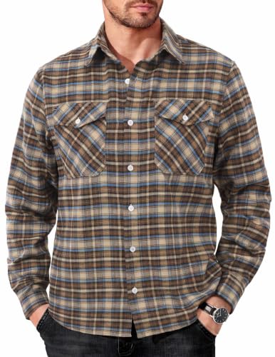 COOFANDY Mens Casual Button Down Shirts Long Sleeve Plaid Flannel Shirts with Two Pockets for Cowboy Blue-Brown